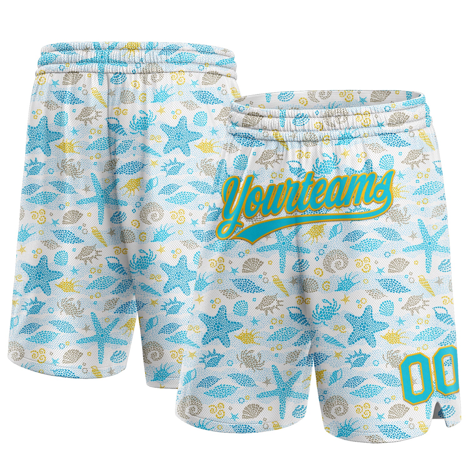Personalized Basketball Shorts with Blue-Gold 3D Starfish and Shells Pattern, Custom Name and Number, Authentic Design Personalized