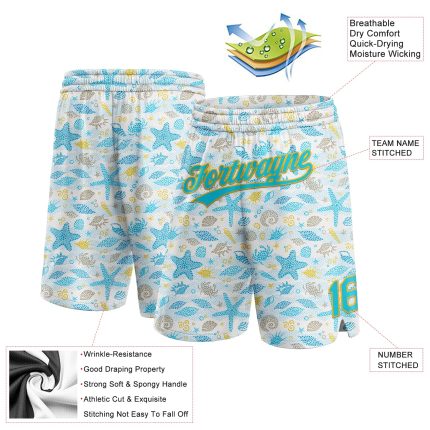 Personalized Basketball Shorts with Blue-Gold 3D Starfish and Shells Pattern, Custom Name and Number, Authentic Design Personalized