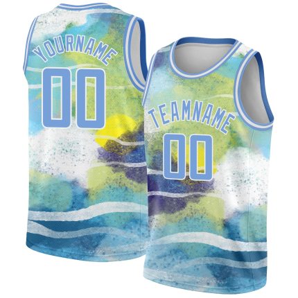 Custom Abstract Landscape Watercolor Basketball Jersey - Personalized Light Blue 3D Pattern with Your Name and Number Personalized