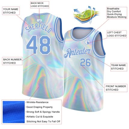 Custom Holographic Vaporwave Basketball Jersey - Personalized 3D Pattern Design with Team Name & Number, White Light Blue