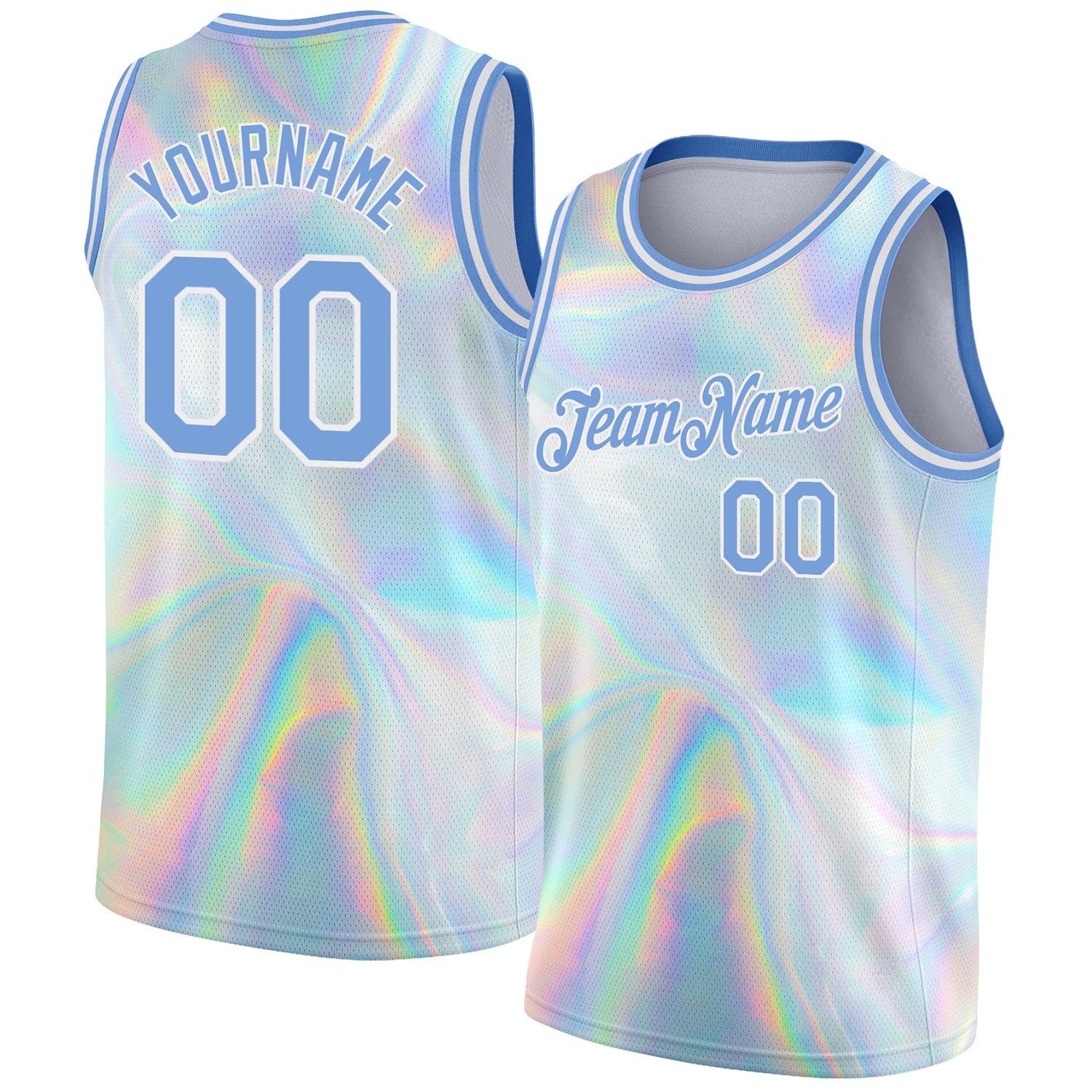 Custom Holographic Vaporwave Basketball Jersey - Personalized 3D Pattern Design with Team Name & Number, White Light Blue