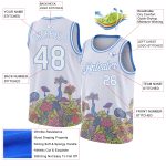 Custom Name Number Basketball Jersey Colorful 3D Pattern Flowers Mushrooms Psychedelic White Light Blue Design Personalized