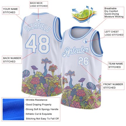 Custom Name Number Basketball Jersey Colorful 3D Pattern Flowers Mushrooms Psychedelic White Light Blue Design Personalized