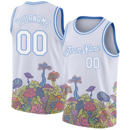 Custom Name Number Basketball Jersey Colorful 3D Pattern Flowers Mushrooms Psychedelic White Light Blue Design Personalized