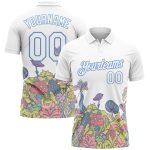 Custom Name Number Golf Polo Shirt - Psychedelic 3D Colorful Flowers Mushrooms Design - Personalized White Light Blue Performance Apparel