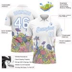 Custom Name Number Golf Polo Shirt - Psychedelic 3D Colorful Flowers Mushrooms Design - Personalized White Light Blue Performance Apparel