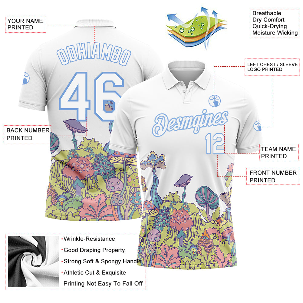 Personalized White Light Blue 3D Pattern Design Colorful Flowers And Mushrooms Psychedelic Hallucination Performance Golf Polo Shirt Team Custom Name and Number Custom Name Number Golf Polo Shirt - Psychedelic 3D Colorful Flowers Mushrooms Design - Personalized White Light Blue Performance Apparel - Image 3