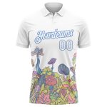 Custom Name Number Golf Polo Shirt - Psychedelic 3D Colorful Flowers Mushrooms Design - Personalized White Light Blue Performance Apparel