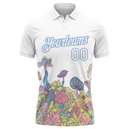 Custom Name Number Golf Polo Shirt - Psychedelic 3D Colorful Flowers Mushrooms Design - Personalized White Light Blue Performance Apparel