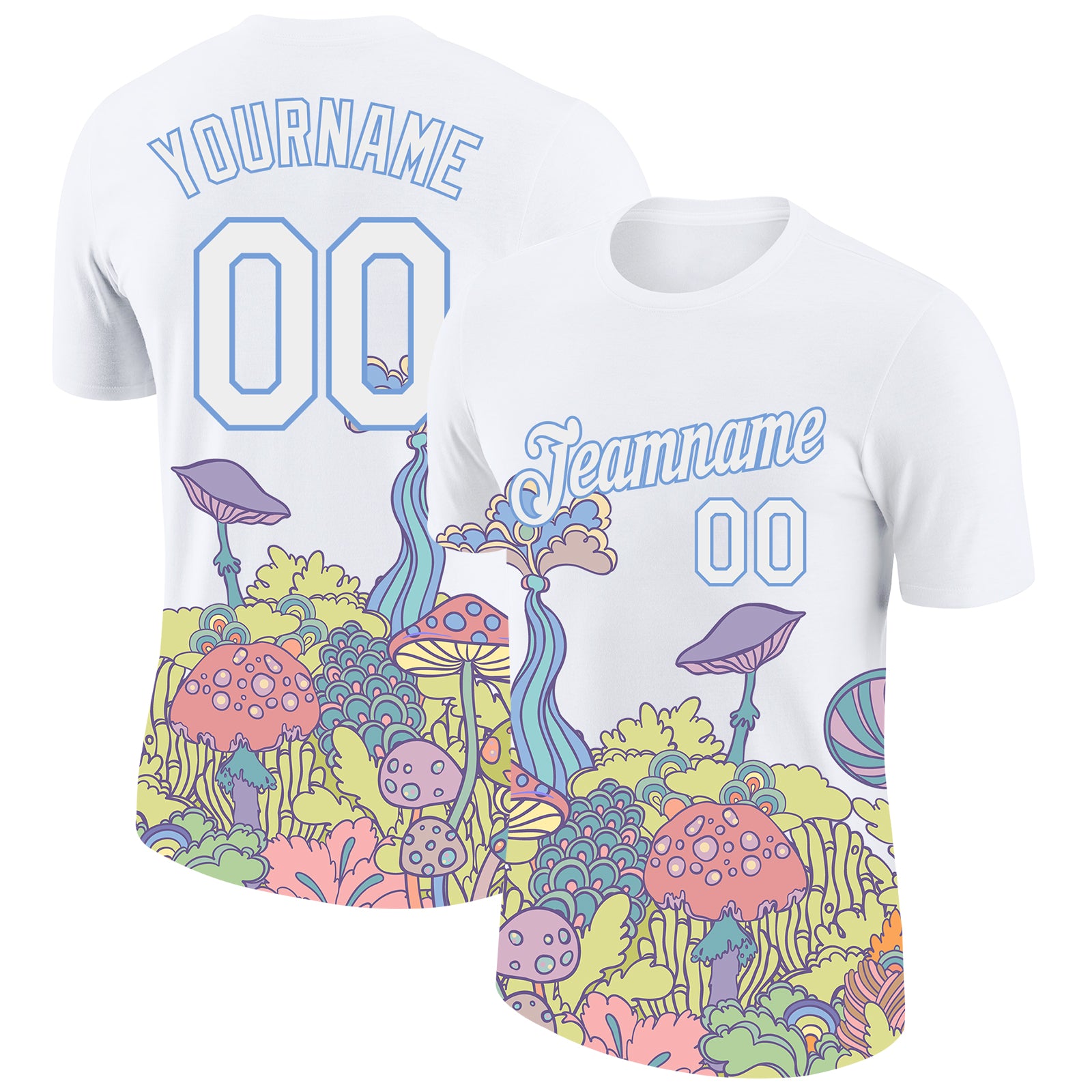 Customizable Psychedelic 3D Floral and Mushroom Graphic T-Shirt for Hallucination Performance - Personalized Team Name & Number