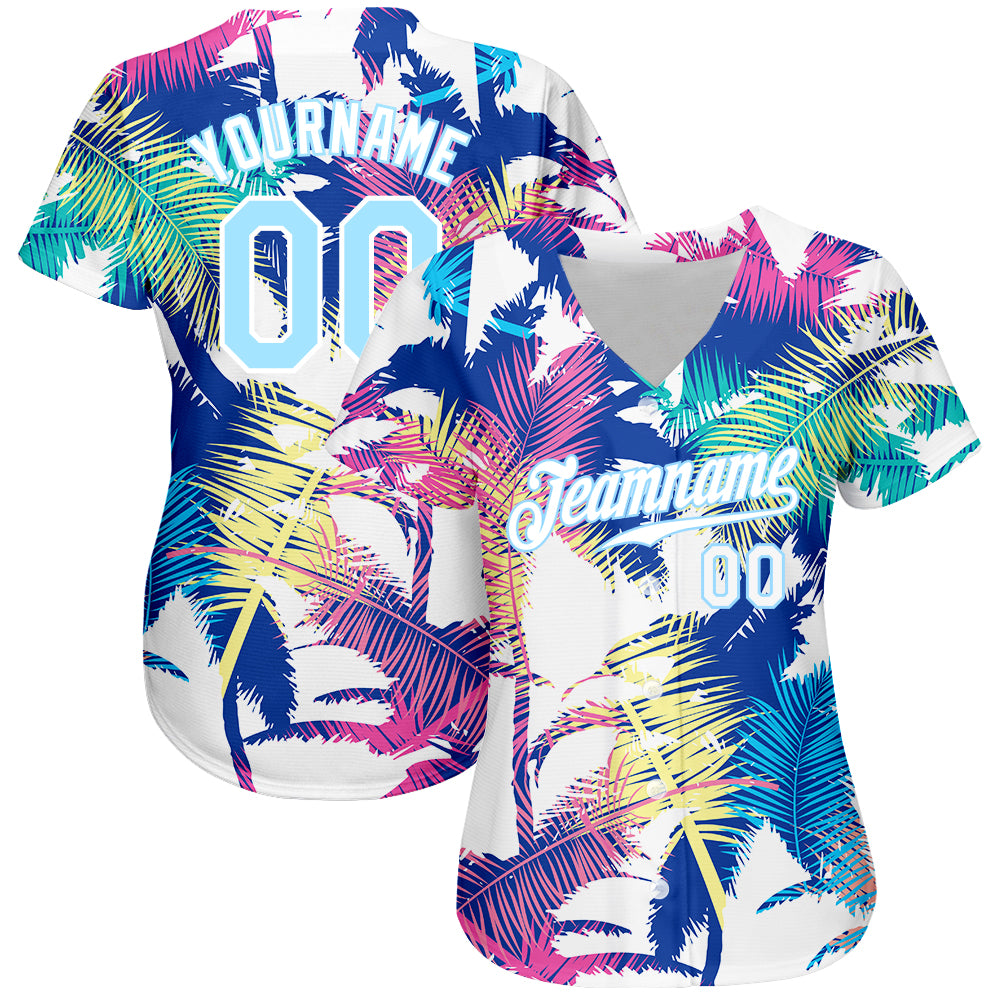 Personalized White Light Blue 3D Pattern Design Hawaii Palm Trees Authentic Baseball Jersey Team Custom Name and Number Custom Hawaii Palm Trees Baseball Jersey with Personalized Name and Number, Light Blue 3D Pattern Design, Authentic Style - Image 2
