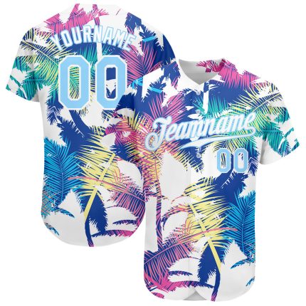 Custom Hawaii Palm Trees Baseball Jersey with Personalized Name and Number, Light Blue 3D Pattern Design, Authentic Style