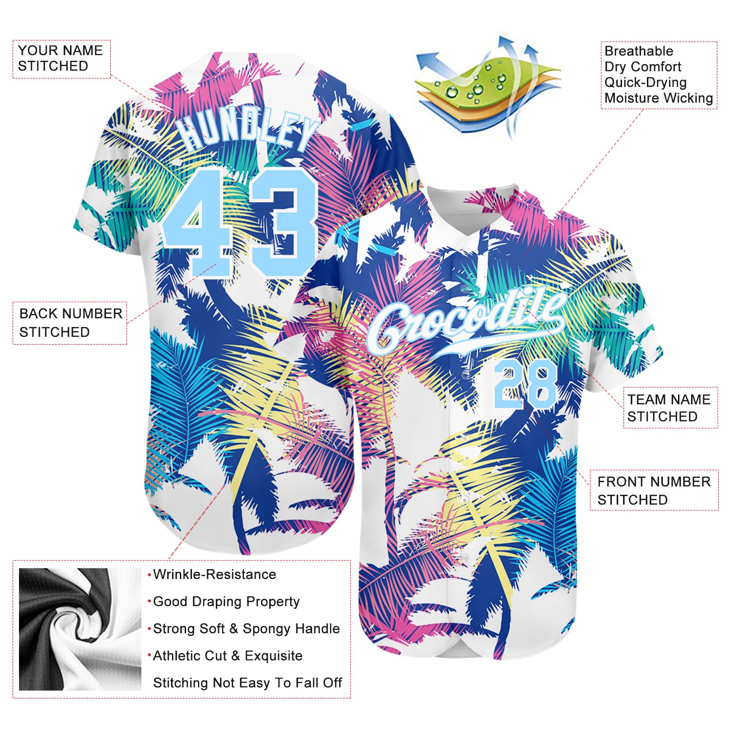 Personalized White Light Blue 3D Pattern Design Hawaii Palm Trees Authentic Baseball Jersey Team Custom Name and Number Custom Hawaii Palm Trees Baseball Jersey with Personalized Name and Number, Light Blue 3D Pattern Design, Authentic Style - Image 3