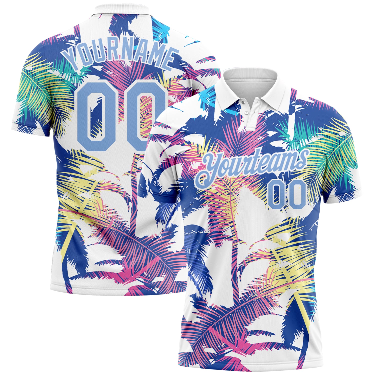 Personalized Hawaii Palm Trees Performance Golf Polo Shirt - White Light Blue 3D Pattern Design Personalized White Light
