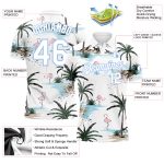 Custom Name and Number Performance Golf Polo Shirt with Hawaii Palm Trees 3D Pattern in Light Blue and White Personalized