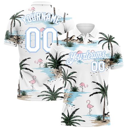 Custom Name and Number Performance Golf Polo Shirt with Hawaii Palm Trees 3D Pattern in Light Blue and White Personalized