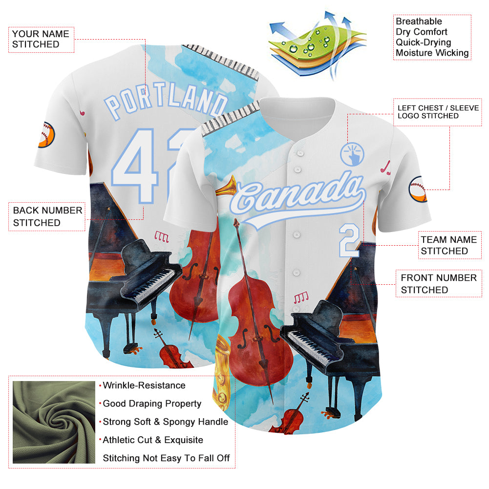 Personalized White Light Blue 3D Pattern Design Music Festival Authentic Baseball Jersey Team Custom Name and Number Personalized Music Festival Baseball Jersey with Custom Name and Number, White Light Blue 3D Pattern Design Personalized - Image 3