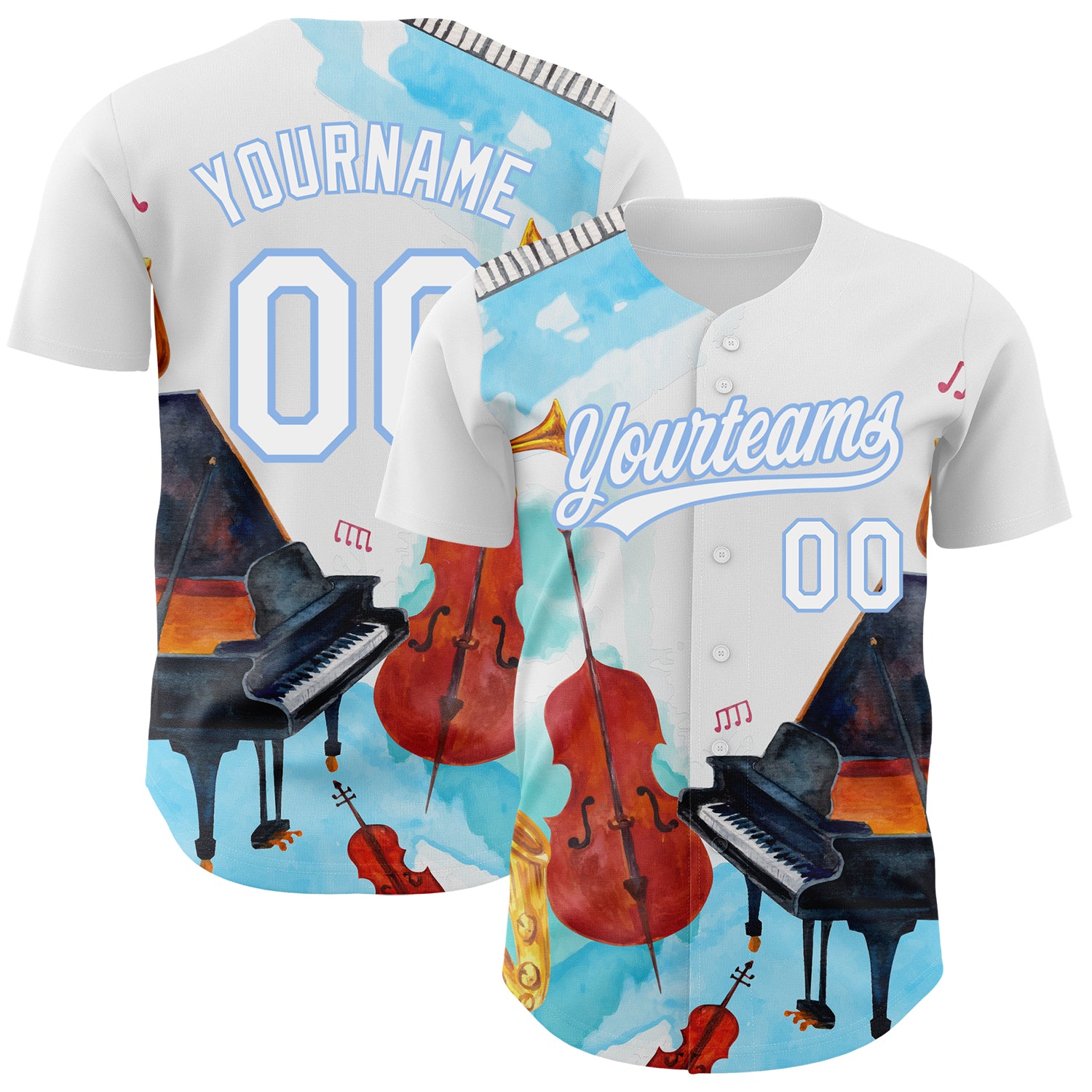 Personalized Music Festival Baseball Jersey with Custom Name and Number, White Light Blue 3D Pattern Design Personalized