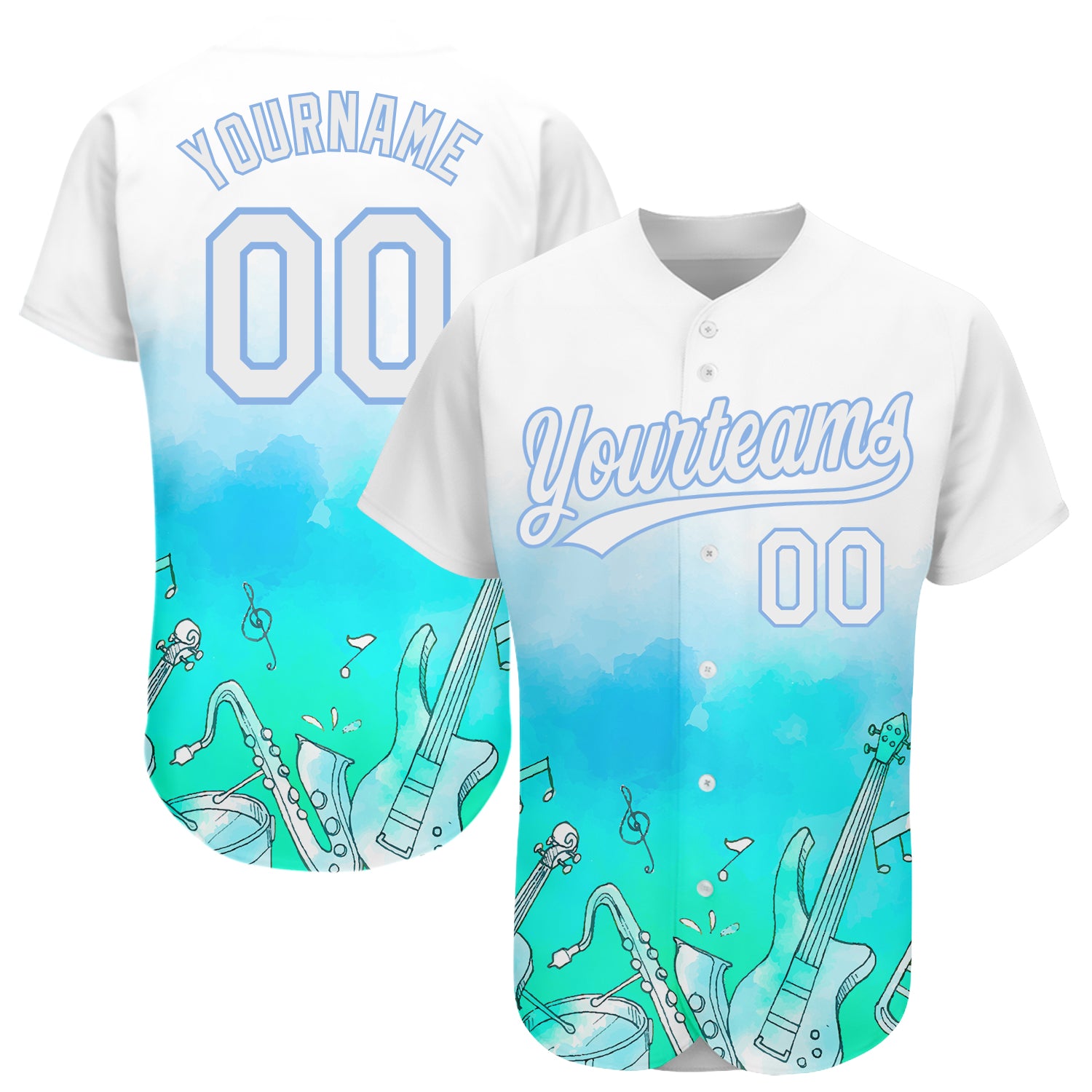 Custom Name and Number Baseball Jersey for Music Festivals - Personalized White Light Blue 3D Pattern Design Personalized