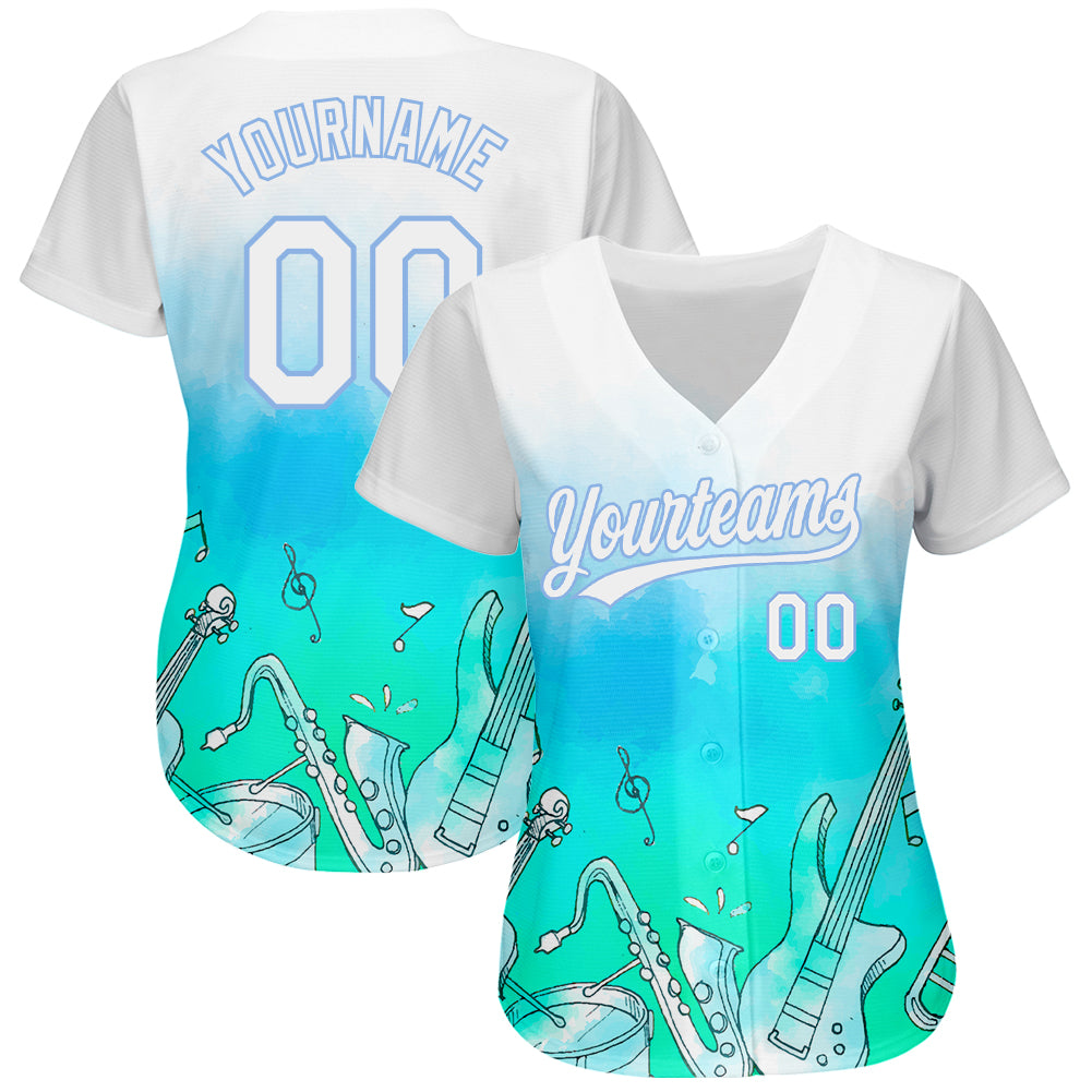 Personalized White Light Blue 3D Pattern Design Music Festival Musical Instruments Authentic Baseball Jersey Team Custom Name and Number Custom Name and Number Baseball Jersey for Music Festivals - Personalized White Light Blue 3D Pattern Design Personalized - Image 2