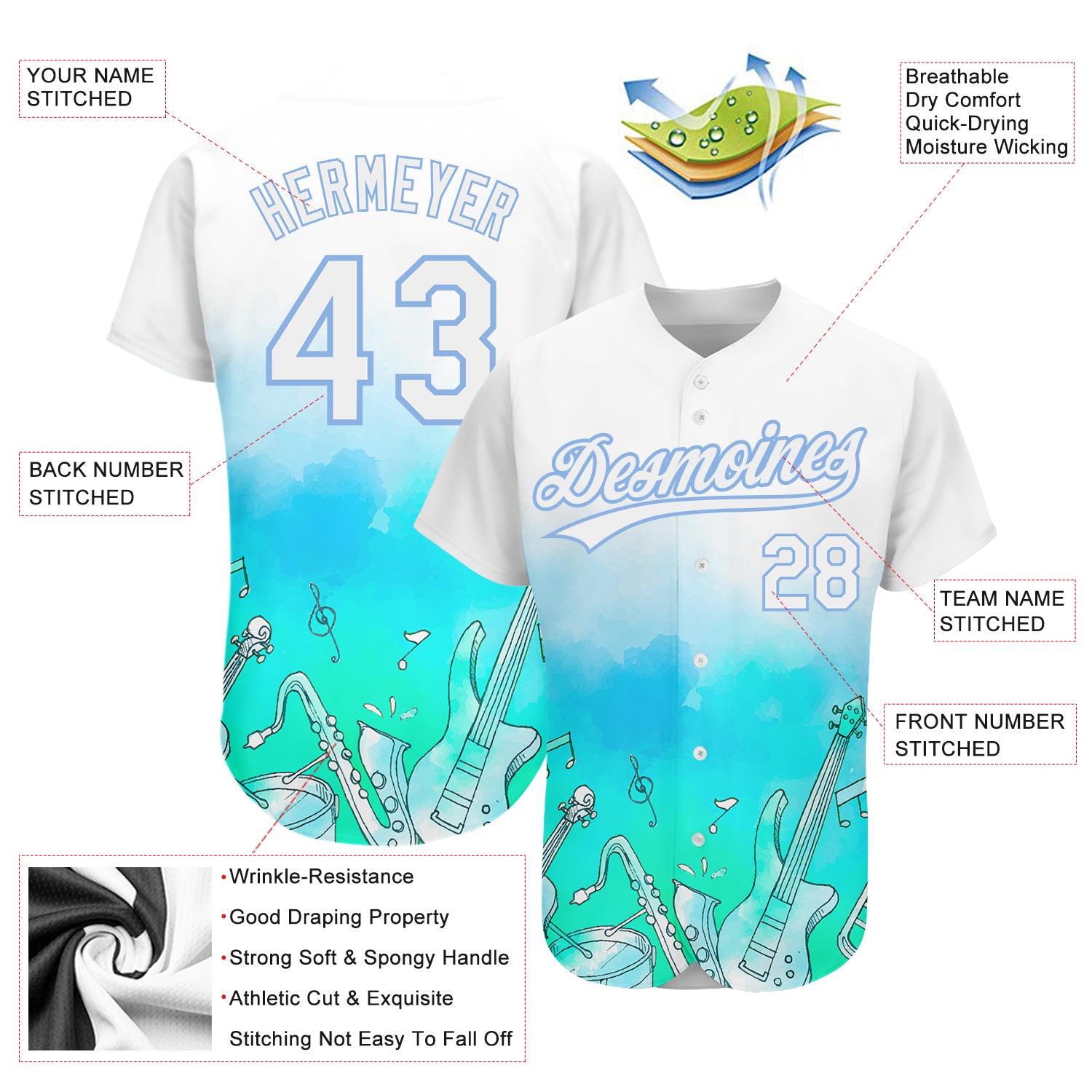 Personalized White Light Blue 3D Pattern Design Music Festival Musical Instruments Authentic Baseball Jersey Team Custom Name and Number Custom Name and Number Baseball Jersey for Music Festivals - Personalized White Light Blue 3D Pattern Design Personalized - Image 3