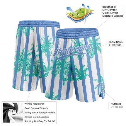 Custom Name Number Basketball Shorts Argentina Palm Trees 3D Pattern Light Blue White Hawaii Style Personalized White Light