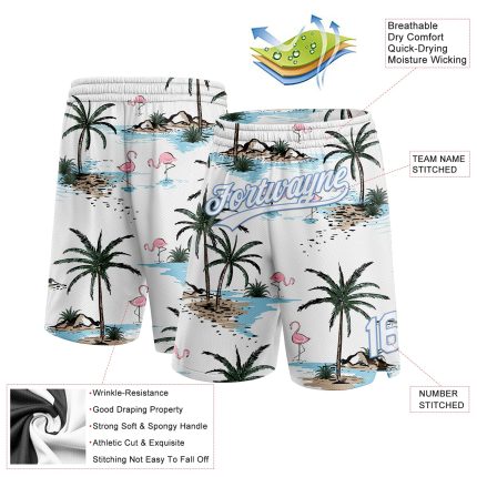 Personalized 3D Pattern Hawaii Palm Trees Basketball Shorts in White Light Blue Personalized White Light Blue 3D Pattern
