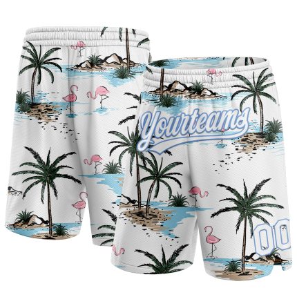Personalized 3D Pattern Hawaii Palm Trees Basketball Shorts in White Light Blue Personalized White Light Blue 3D Pattern