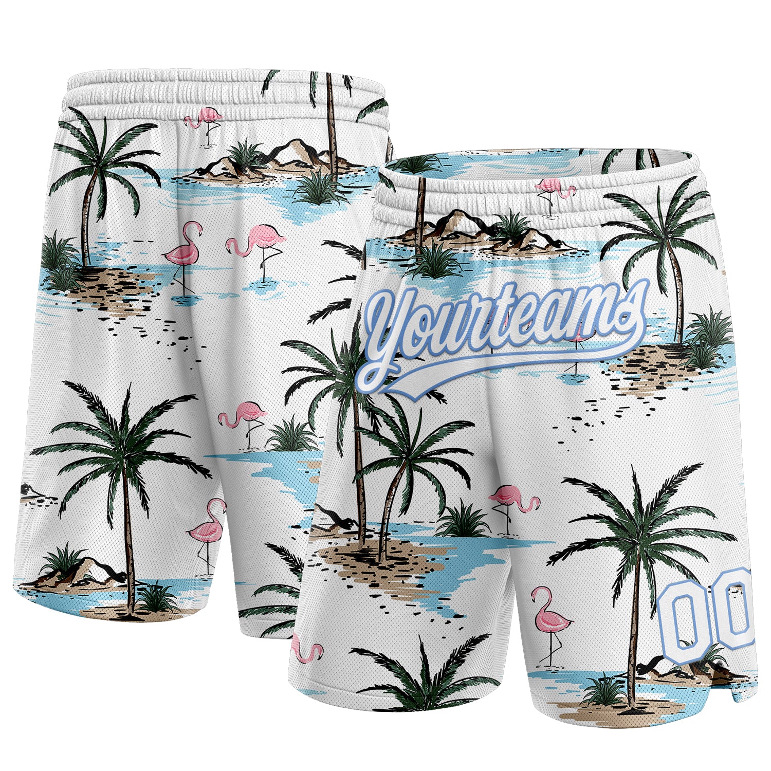Personalized 3D Pattern Hawaii Palm Trees Basketball Shorts in White Light Blue Personalized White Light Blue 3D Pattern