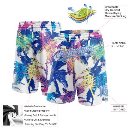 Custom Hawaii Palm Trees Basketball Shorts with Name and Number - Personalized White Light Blue 3D Pattern Design Personalized