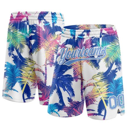 Custom Hawaii Palm Trees Basketball Shorts with Name and Number - Personalized White Light Blue 3D Pattern Design Personalized