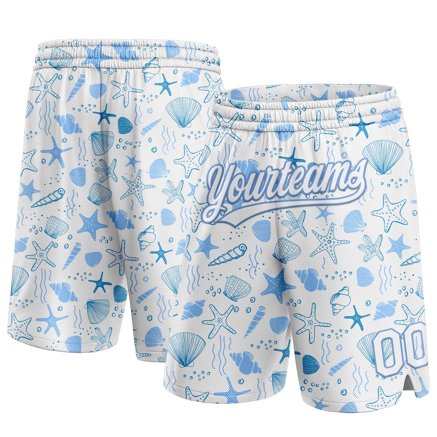 Custom Name Number Authentic Basketball Shorts with 3D Starfish and Shells Pattern in White Light Blue Personalized White