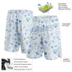 Custom Name Number Authentic Basketball Shorts with 3D Starfish and Shells Pattern in White Light Blue Personalized White