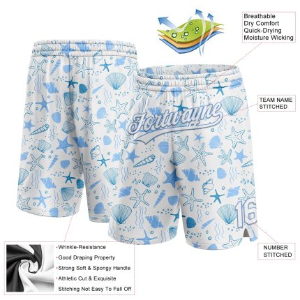 Custom Name Number Authentic Basketball Shorts with 3D Starfish and Shells Pattern in White Light Blue Personalized White