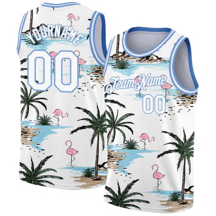 Custom Name Number Tropical Palm Trees Basketball Jersey | White Light Blue 3D Pattern Personalized White Light Blue 3D Pattern