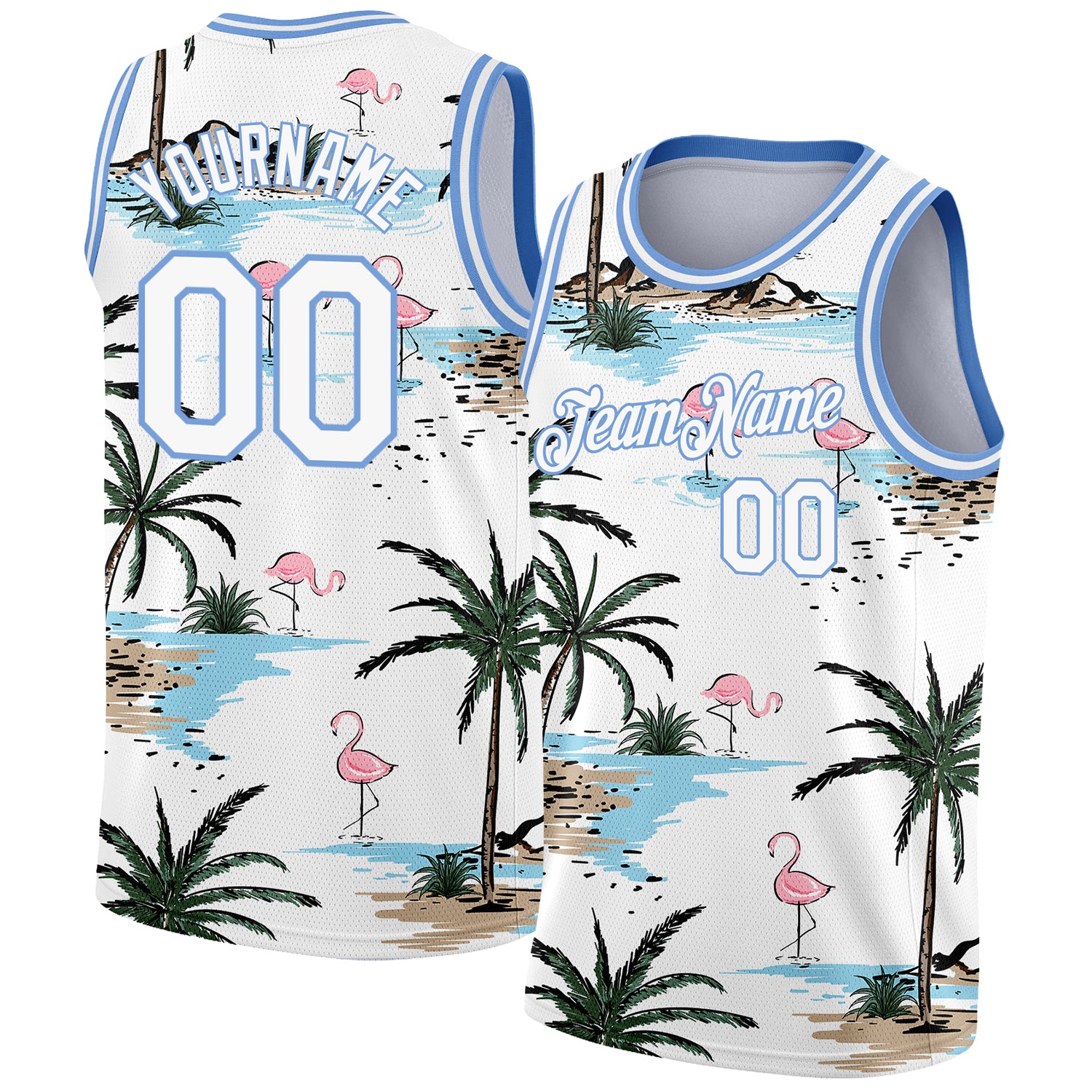Custom Name Number Tropical Palm Trees Basketball Jersey | White Light Blue 3D Pattern Personalized White Light Blue 3D Pattern