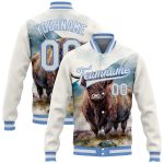 Custom Name and Number 3D Tropical Jungle Bull Varsity Jacket - White Light Blue Full-Snap Bomber Design Personalized White