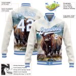 Custom Name and Number 3D Tropical Jungle Bull Varsity Jacket - White Light Blue Full-Snap Bomber Design Personalized White