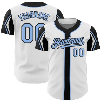 Custom Name and Number Baseball Jersey in White Light Blue and Black - Personalized Authentic Team Jersey with Arm Shapes