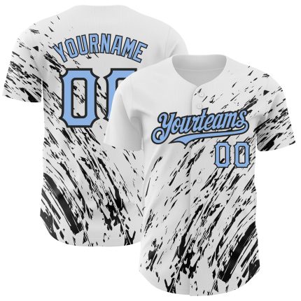 Custom Name and Number Baseball Jersey - Personalized 3D Abstract Splash Design in White Light Blue-Black Personalized White
