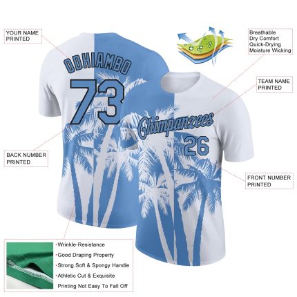 Custom Hawaii Coconut Trees Performance T-Shirt with 3D Blue-Black Pattern - Personalized Team Name and Number Personalized
