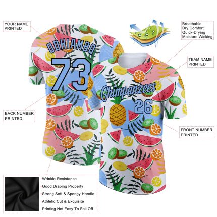 Custom Team Performance T-Shirt - Personalized Summer Holiday Fruit Design, White Light Blue-Black, with Name and Number