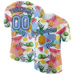 Custom Team Performance T-Shirt - Personalized Summer Holiday Fruit Design, White Light Blue-Black, with Name and Number