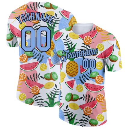 Custom Team Performance T-Shirt - Personalized Summer Holiday Fruit Design, White Light Blue-Black, with Name and Number