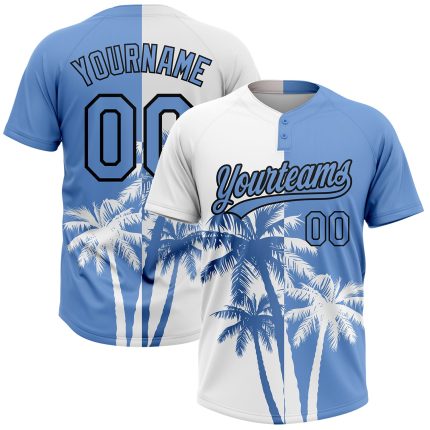 Personalized Hawaii Coconut Trees Softball Jersey Unisex Two-Button, Custom Name & Number, Light Blue-Black 3D Pattern Personalized