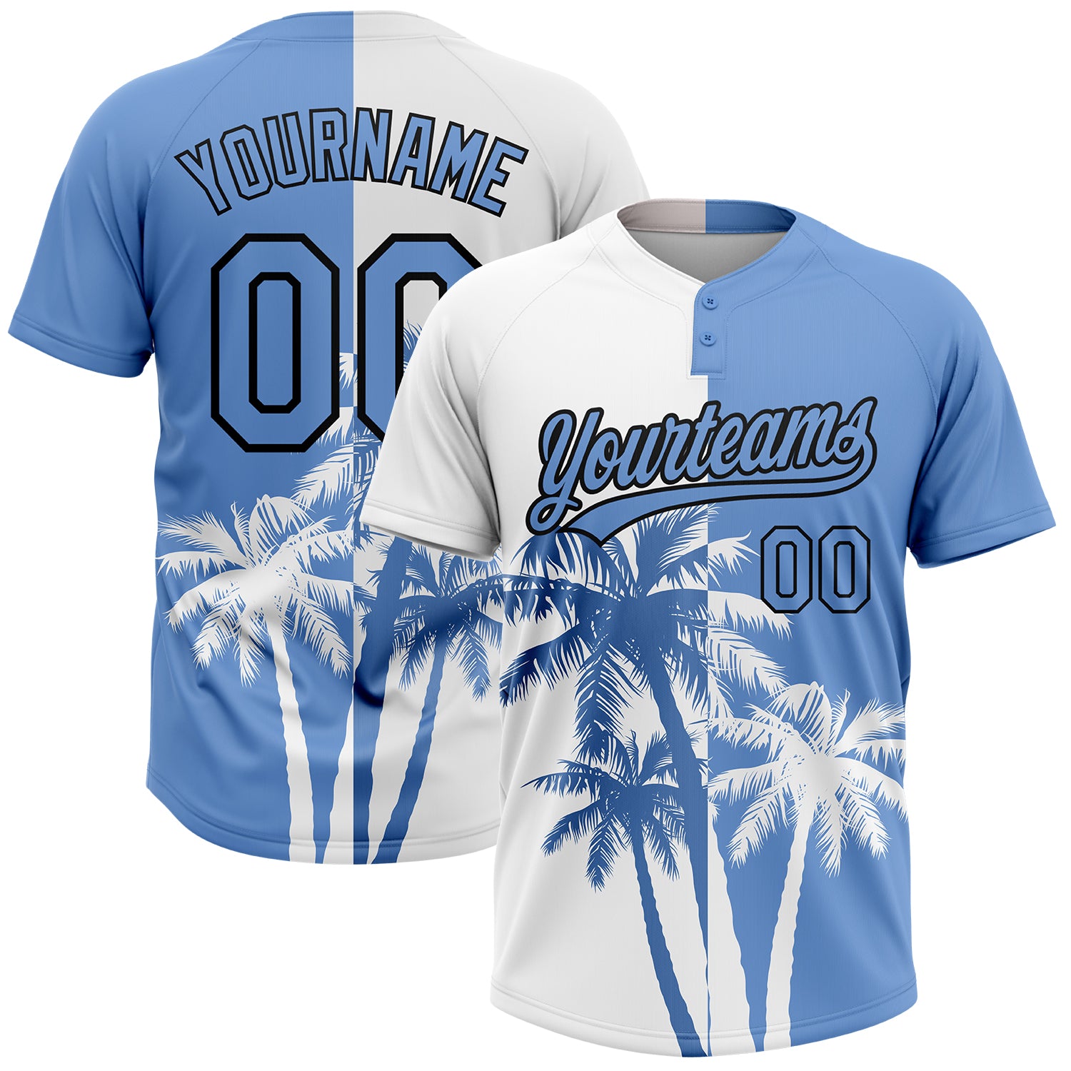 Personalized Hawaii Coconut Trees Softball Jersey Unisex Two-Button, Custom Name & Number, Light Blue-Black 3D Pattern Personalized