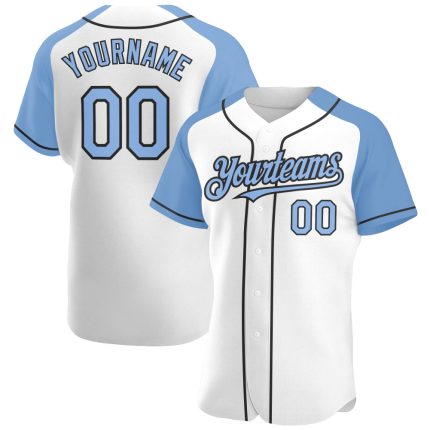 Custom Name Number Baseball Jersey - Personalized Authentic White Light Blue-Black Raglan Sleeves Personalized White Light