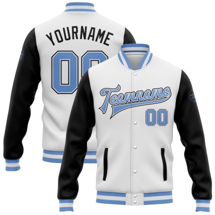 Custom Two Tone Bomber Varsity Jacket with Personalized Name and Number - White Light Blue-Black Full-Snap Design Personalized