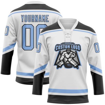 Custom Name and Number Personalized Hockey Jersey - White Light Blue-Black Lace Neck Team Apparel Personalized White Light