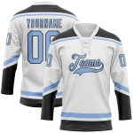 Custom Name and Number Personalized Hockey Jersey - White Light Blue-Black Lace Neck Team Apparel Personalized White Light